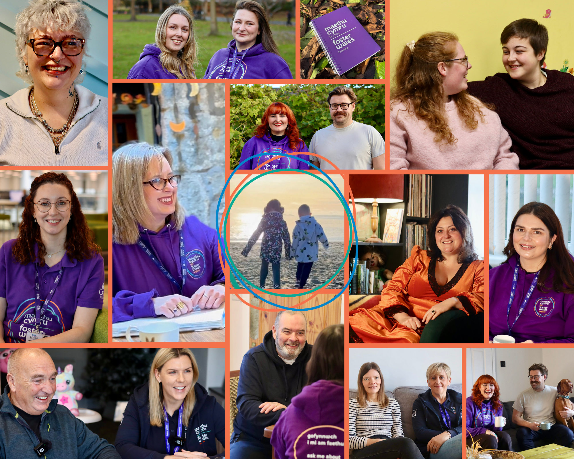 A collage of foster carers and fostering staff surrounded by two young children walking hand in hand on a beach